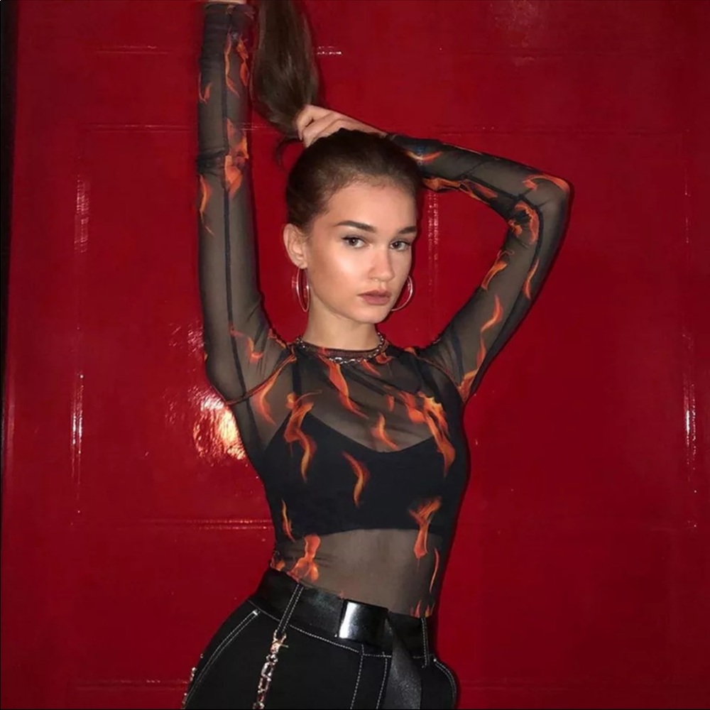 Sheer Mesh Long-Sleeved Flame Top